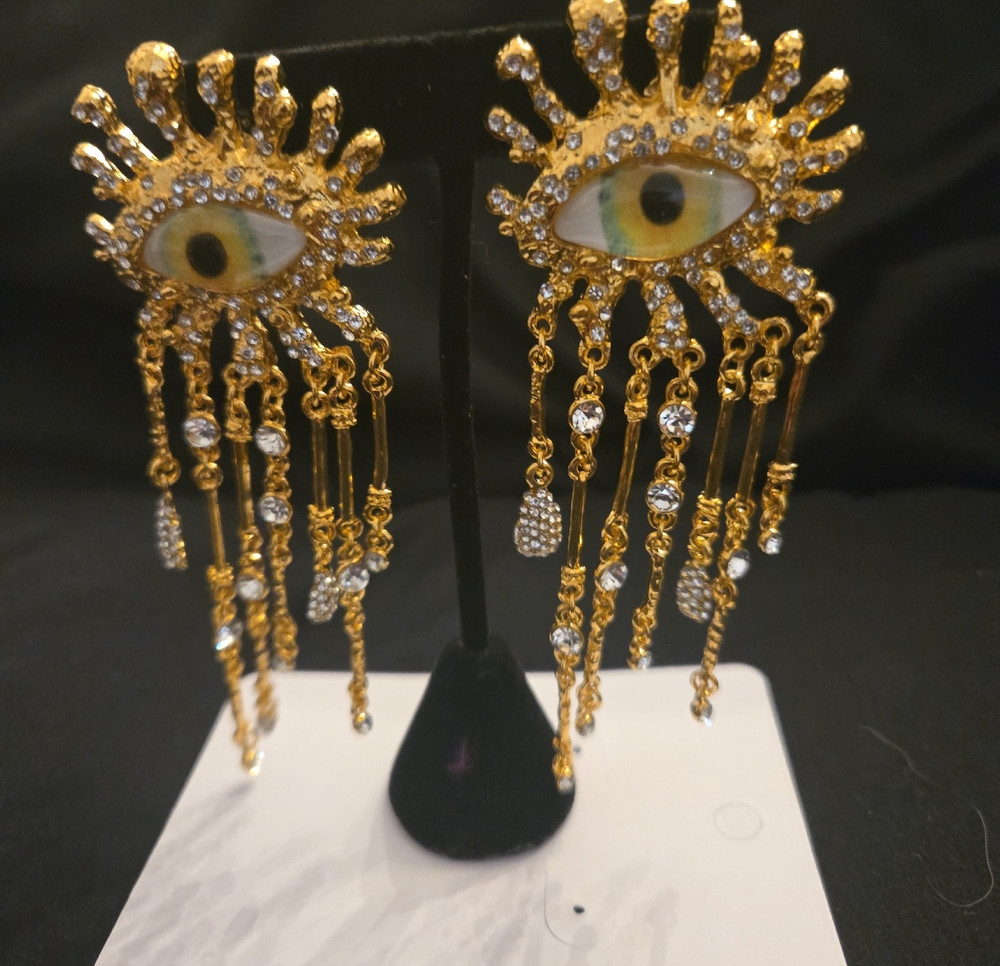 Schiaparelli Inspired Gold Eye Fringe Drop Earrings with Crystal Accents
